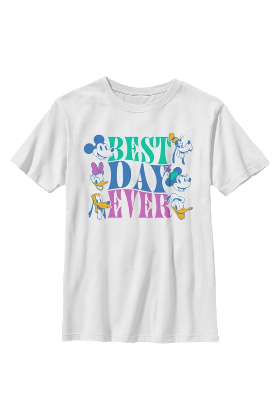 Boy's Mickey & Friends Best Day Ever Crew Graphic Tee White Small