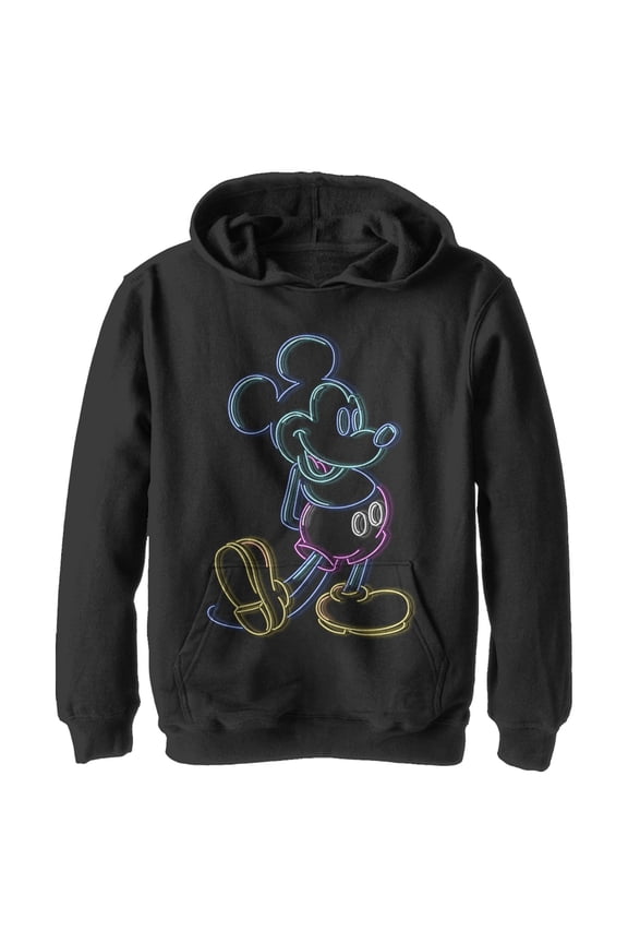 Boy's Mickey & Friends Bright Neon Mickey Mouse Outline Pull Over Hoodie Black Medium