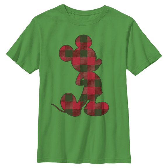 Boy's Mickey & Friends Buffalo Check Pattern Silhouette Graphic Tee Kelly Green Large