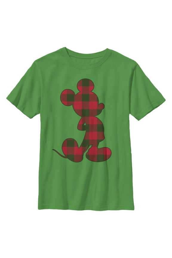 Boy's Mickey & Friends Buffalo Check Pattern Silhouette Graphic Tee Kelly Green Small