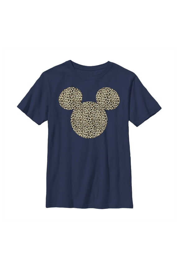 Boy's Mickey & Friends Cheetah Print Mickey Mouse Logo  Graphic Tee Navy Blue Medium