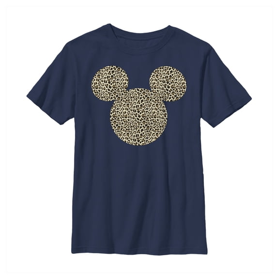 Boy's Mickey & Friends Cheetah Print Mickey Mouse Logo Graphic Tee Navy Blue Medium