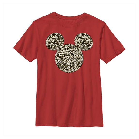 Boy's Mickey & Friends Cheetah Print Mickey Mouse Logo Graphic Tee Red X Large