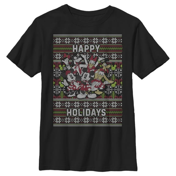 Boy's Mickey & Friends Christmas Distressed Group Print Happy Holidays Graphic Tee Black Large
