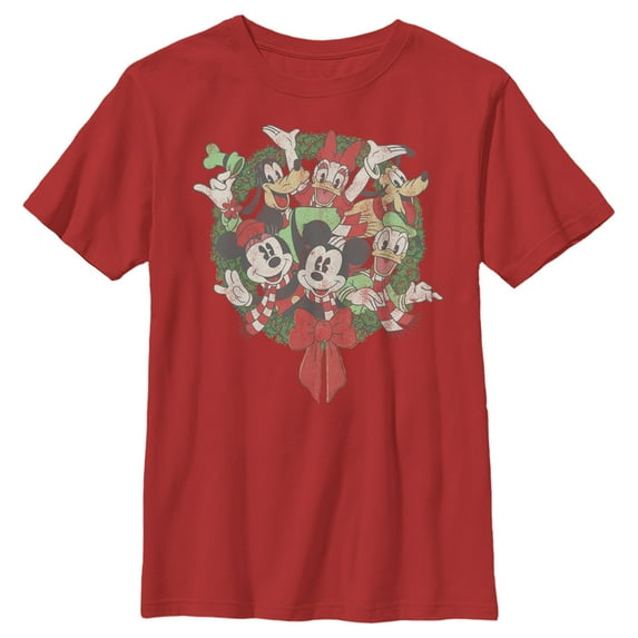 Boy's Mickey & Friends Christmas Distressed Group Wreath Graphic Tee Red Medium