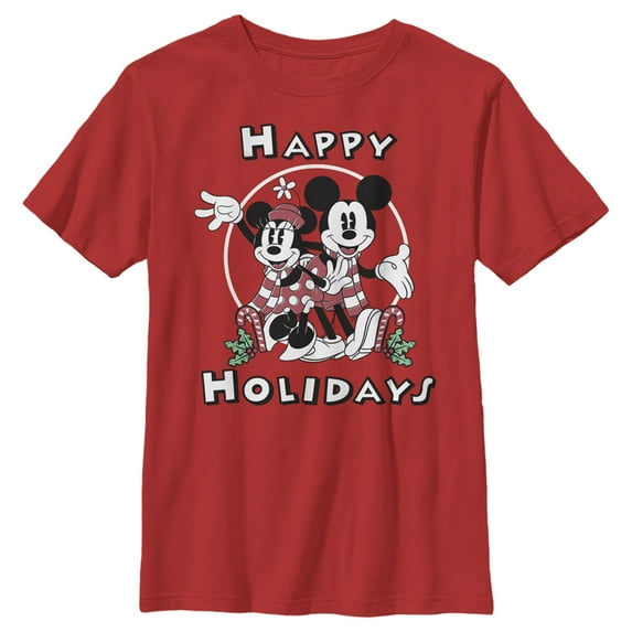Boy's Mickey & Friends Christmas Retro Mickey and Minnie Happy Holidays Graphic Tee Red X Small