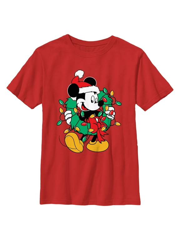 Boy's Mickey & Friends Christmas Wreath Mickey Graphic Tee Red Medium