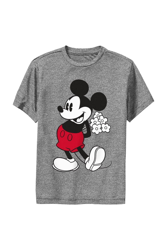 Boy's Mickey & Friends Classic Mouse Flowers Performance Graphic Tee Charcoal Heather X Large