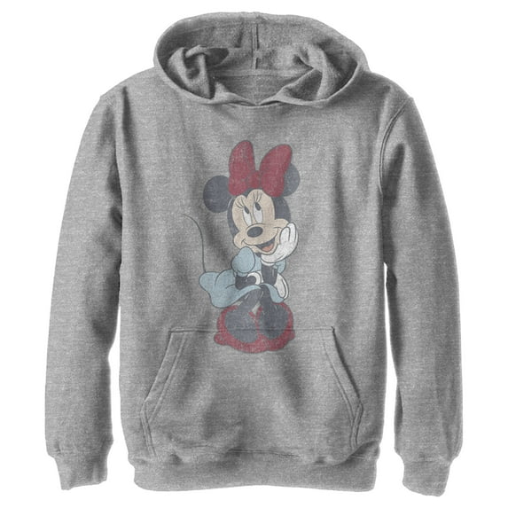 Boy's Mickey & Friends Distressed Sitting Minnie Pull Over Hoodie Athletic Heather Large