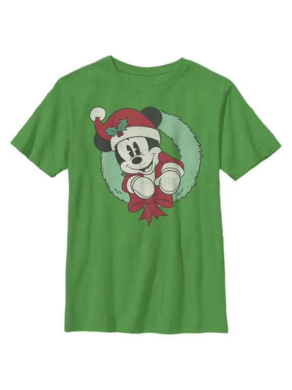 Boy's Mickey & Friends Festive Mickey Mouse Wreath Graphic Tee Kelly Green Small