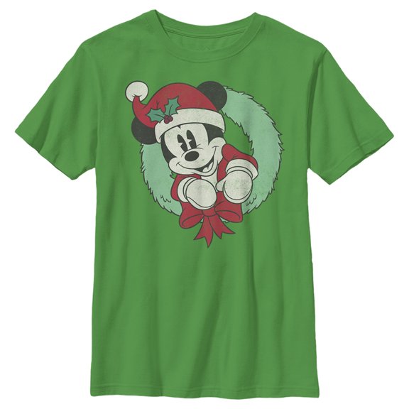 Boy's Mickey & Friends Festive Mickey Mouse Wreath  Graphic Tee Kelly Green X Large