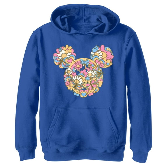 Boy's Mickey & Friends Flowers and Butterflies Ears Pull Over Hoodie Royal Blue Small