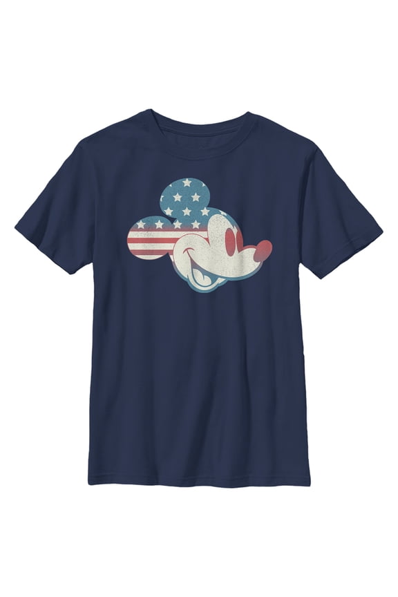 Boy's Mickey & Friends Fourth of July Mickey Mouse Face Graphic Tee Navy Blue Large