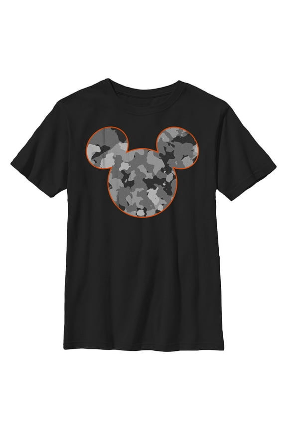 Boy's Mickey & Friends Gray Camo Mickey Mouse Logo Graphic Tee Black Medium