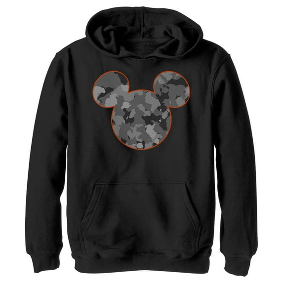 Boy's Mickey & Friends Gray Camo Mickey Mouse Logo Pull Over Hoodie Black X Large