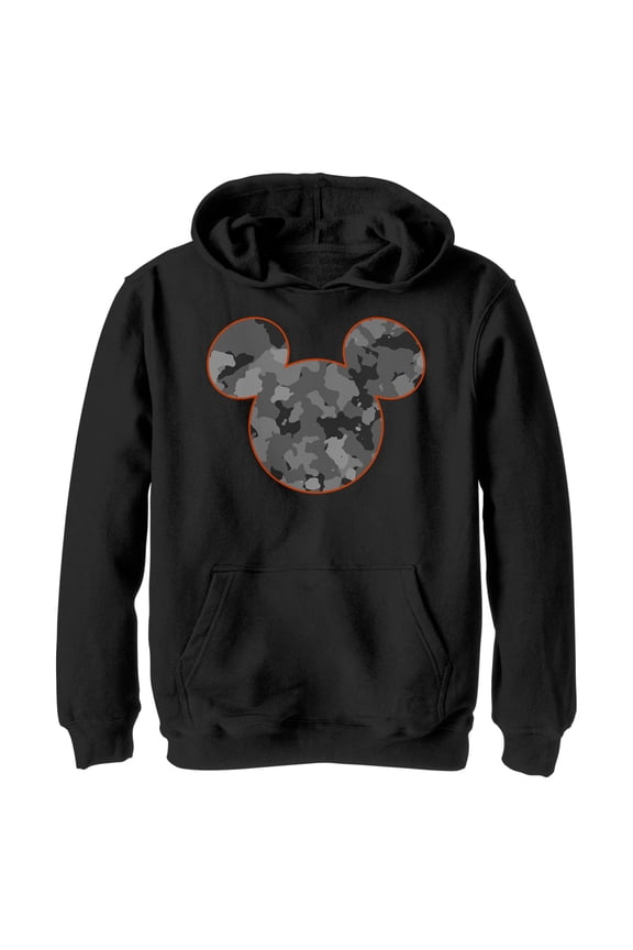 Boy's Mickey & Friends Gray Camo Mickey Mouse Logo Pull Over Hoodie Black X Large