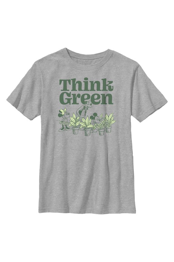 Boy's Mickey & Friends Green Think Plant Lovers Graphic Tee Athletic Heather Large