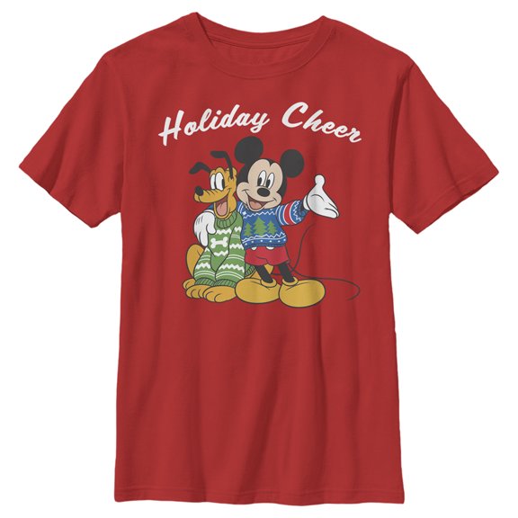 Boy's Mickey & Friends Holiday Cheer With Mickey & Pluto Graphic Tee Red Medium