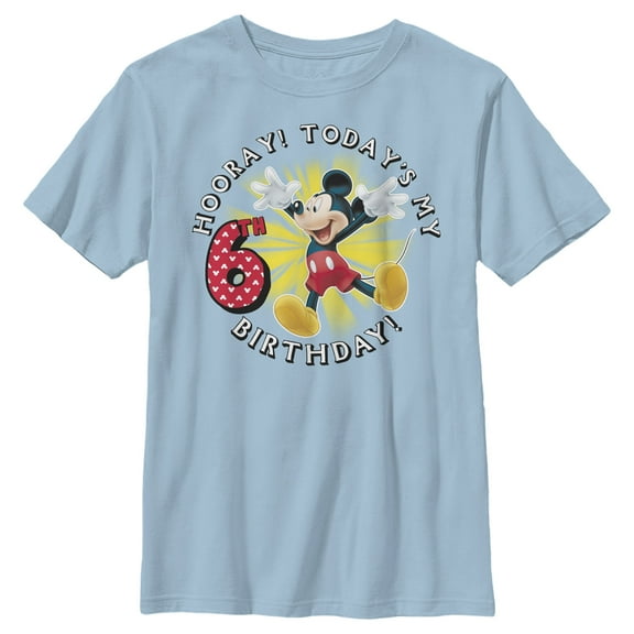 Boy's Mickey & Friends Hooray It's My 6th Birthday Graphic Tee Light Blue Medium