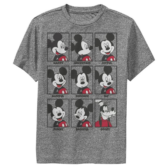 Boy's Mickey & Friends Mickey Mouse All Emotions Grid Performance Graphic Tee Charcoal Heather Large