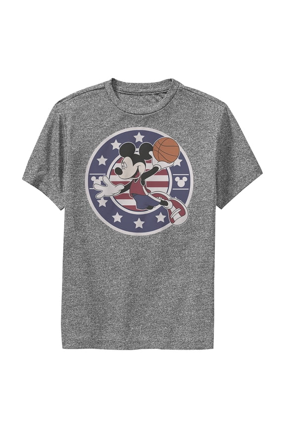 Boy's Mickey & Friends Mickey Mouse Basketball Dunk Performance Graphic Tee Charcoal Heather Large
