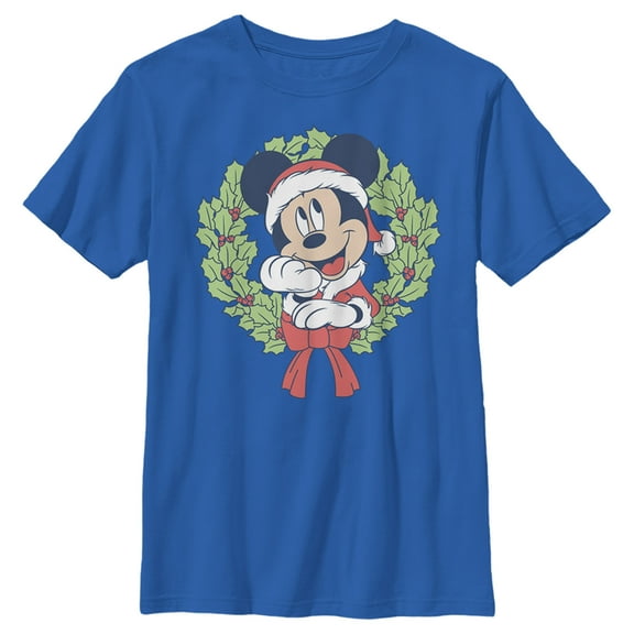 Boy's Mickey & Friends Mickey Mouse Christmas Wreath  Graphic Tee Royal Blue Medium