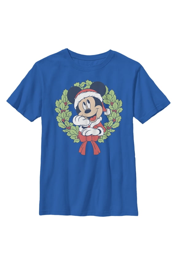 Boy's Mickey & Friends Mickey Mouse Christmas Wreath Graphic Tee Royal Blue Small
