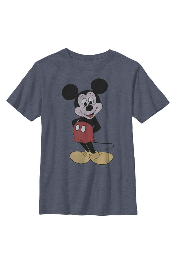 Boy's Mickey & Friends Mickey Mouse Classic Cartoon Smile Graphic Tee Navy Blue Heather Large