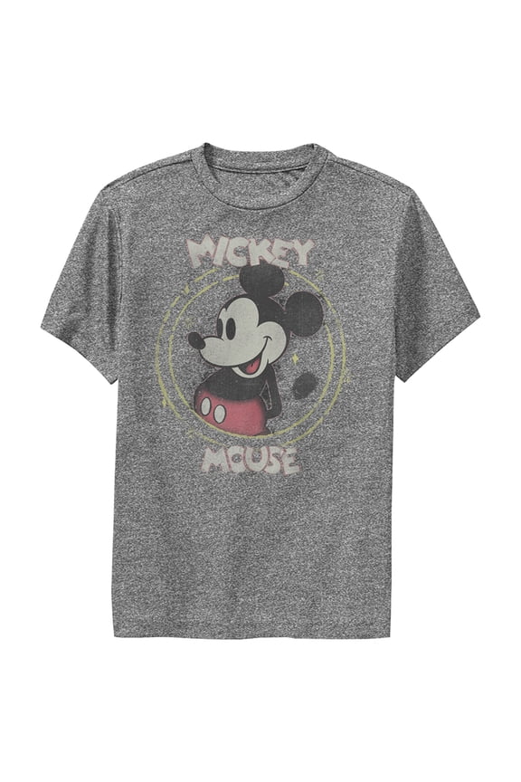 Boy's Mickey & Friends Mickey Mouse Classic Circle Distressed Performance Graphic Tee Charcoal Heather Large