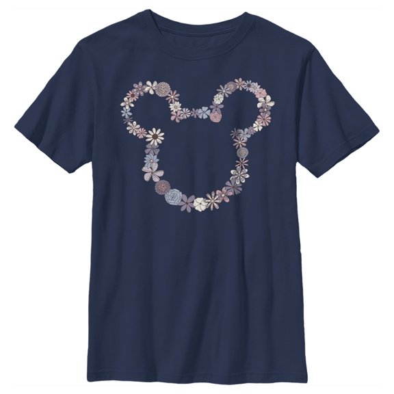 Boy's Mickey & Friends Mickey Mouse Floral Outline Silhouette  Graphic Tee Navy Blue Large