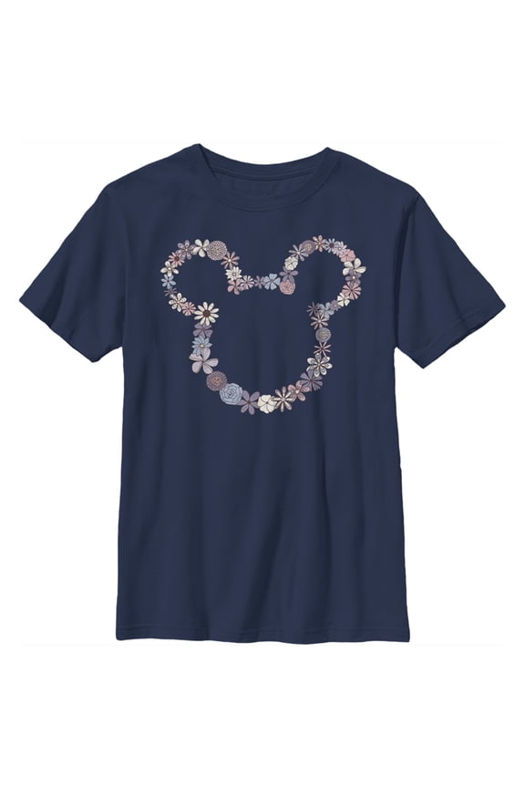 Boy's Mickey & Friends Mickey Mouse Floral Outline Silhouette Graphic Tee Navy Blue Large