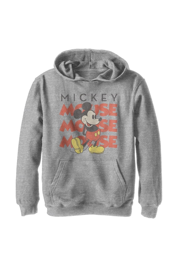 Boy's Mickey & Friends Mickey Mouse Name Stack Distressed Pull Over Hoodie Athletic Heather Medium