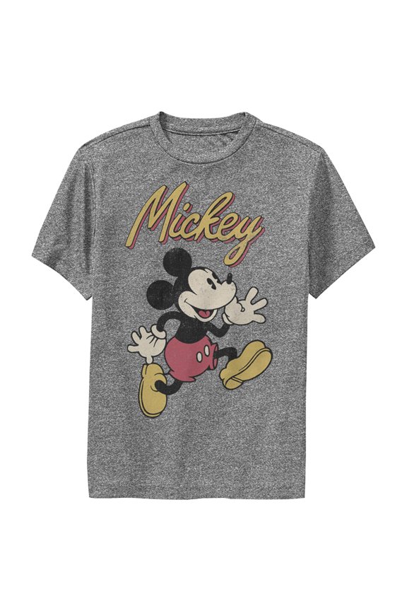 Boy's Mickey & Friends Mickey Mouse Retro Running Performance Graphic Tee Charcoal Heather Large