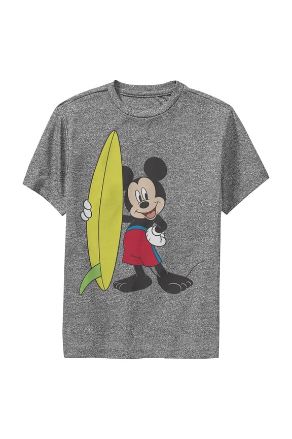 Boy's Mickey & Friends Mickey Mouse Surf Board  Performance Graphic Tee Charcoal Heather Medium