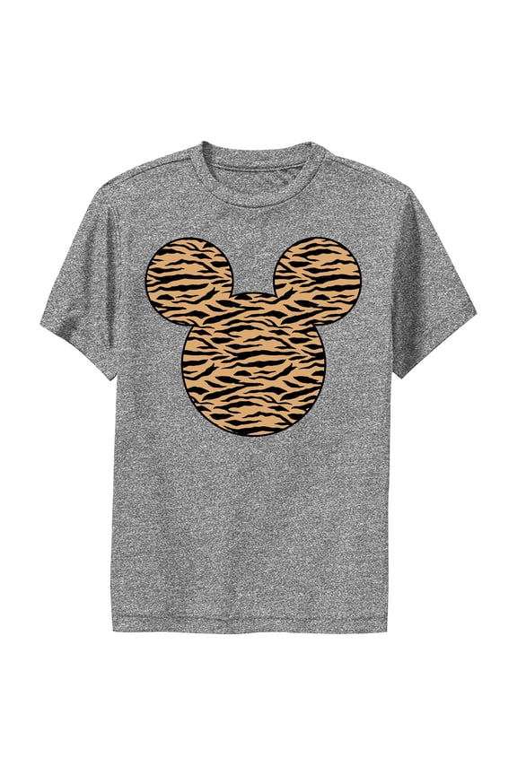 Boy's Mickey & Friends Mickey Mouse Tiger Print Silhouette Performance Graphic Tee Charcoal Heather Large