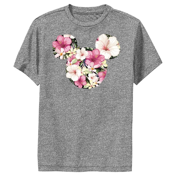 Boy's Mickey & Friends Pink Floral Mickey Mouse Logo Performance Graphic Tee Charcoal Heather X Large