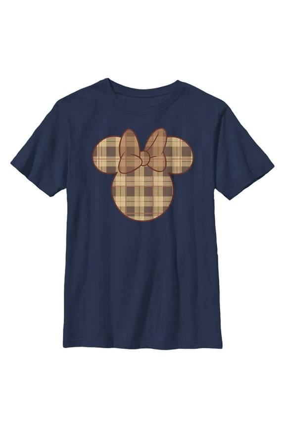 Boy's Mickey & Friends Plaid Minnie Mouse Logo Graphic Tee Navy Blue Medium