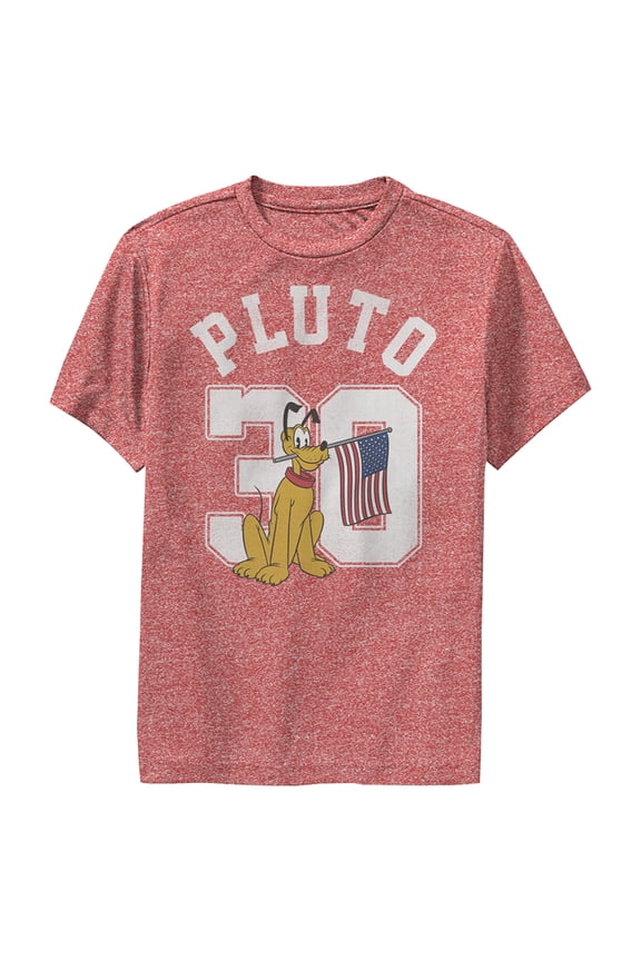 Boy's Mickey & Friends Pluto 30 American Flag  Performance Graphic Tee Red Heather X Large