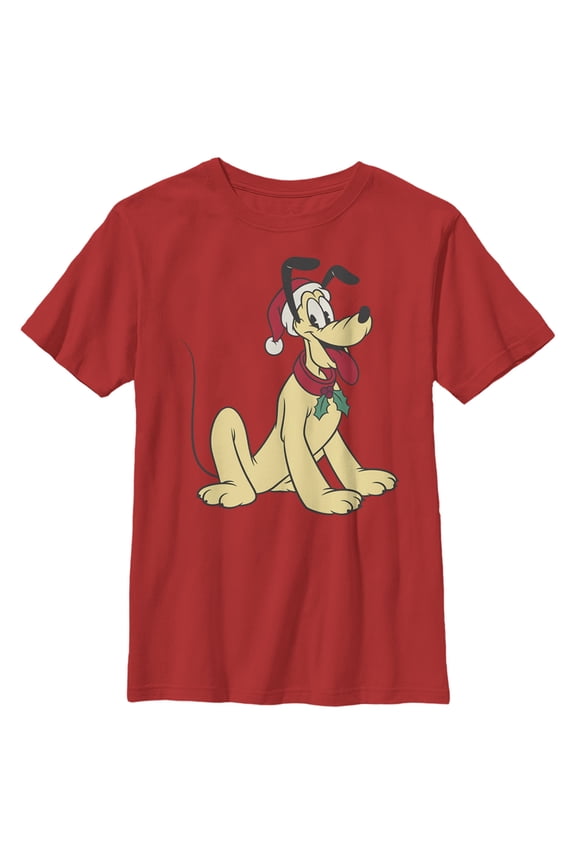 Boy's Mickey & Friends Pluto Smile With Santa Hat  Graphic Tee Red Large