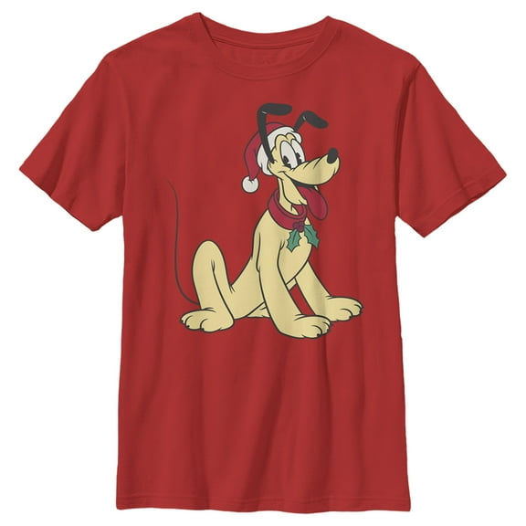 Boy's Mickey & Friends Pluto Smile With Santa Hat  Graphic Tee Red Small
