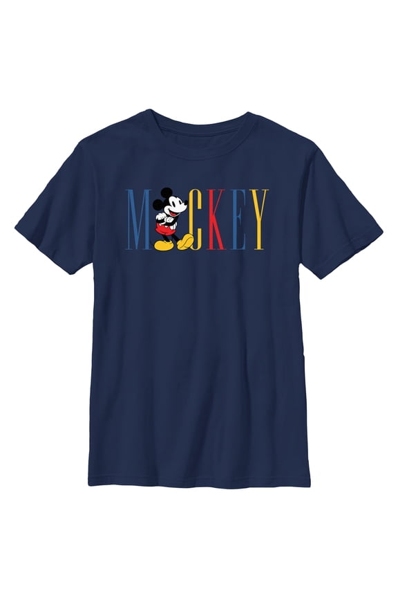 Boy's Mickey & Friends Primary Colors Name Graphic Tee Navy Blue Large