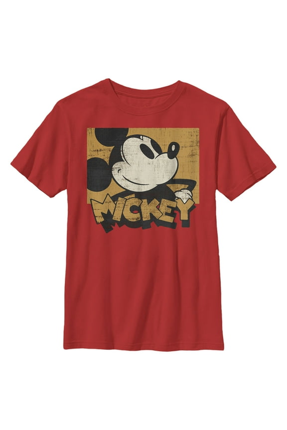 Boy's Mickey & Friends Retro Distressed Mickey Square  Graphic Tee Red Large