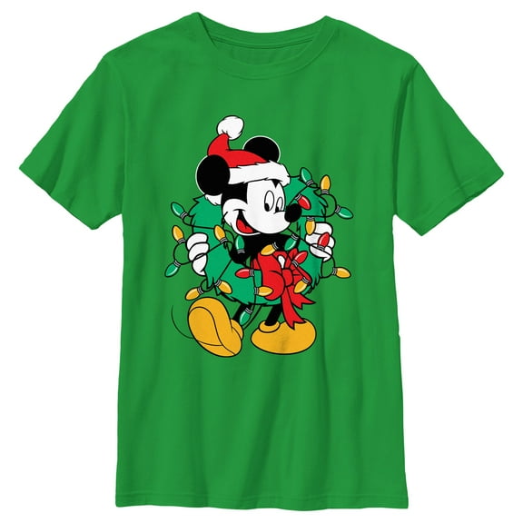 Boy's Mickey & Friends Santa Christmas Wreath  Graphic Tee Kelly Green Small