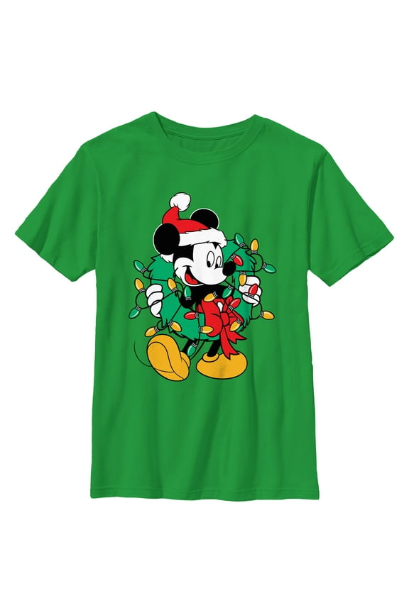Boy's Mickey & Friends Santa Christmas Wreath  Graphic Tee Kelly Green Small