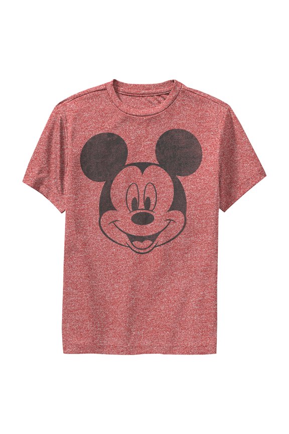 Boy's Mickey & Friends Smiling Mickey Mouse Distressed Performance Graphic Tee Red Heather X Large