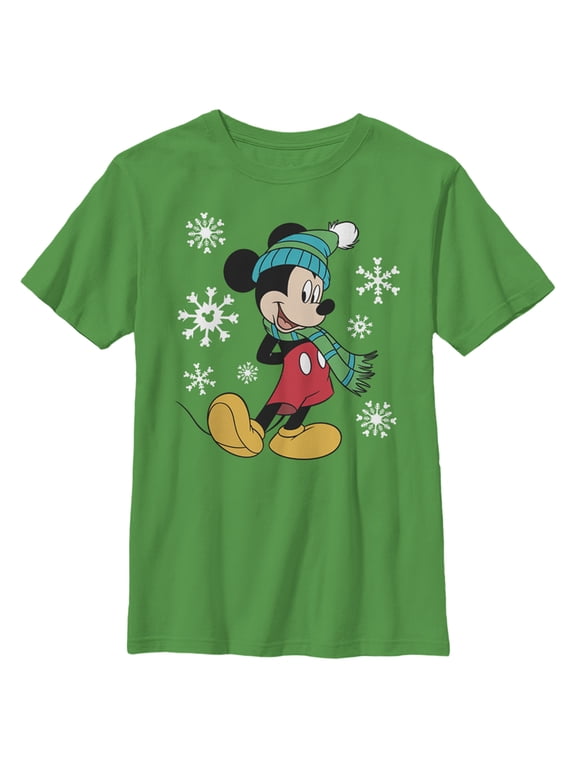 Boy's Mickey & Friends Winter Snowflakes Mickey Graphic Tee Kelly Green Small
