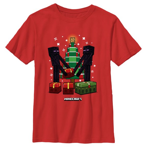 Boy's Minecraft Christmas Tree Endermans  Graphic Tee Red Large