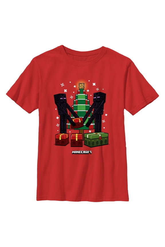 Boy's Minecraft Christmas Tree Endermans Graphic Tee Red Large