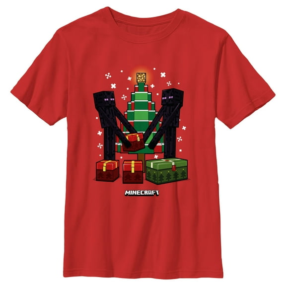 Boy's Minecraft Christmas Tree Endermans  Graphic Tee Red Medium