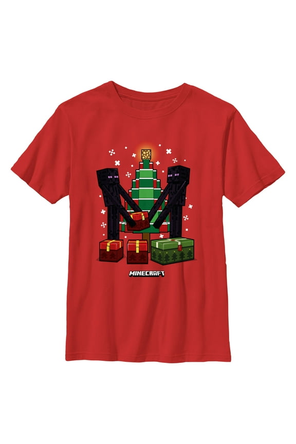 Boy's Minecraft Christmas Tree Endermans Graphic Tee Red Medium